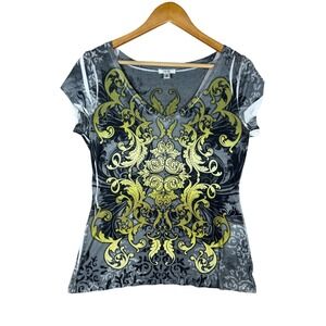 Y2K Cache‎ T-Shirt Top Medium Gold Black Gray Baroque Rhinestone V-Neck GLAM